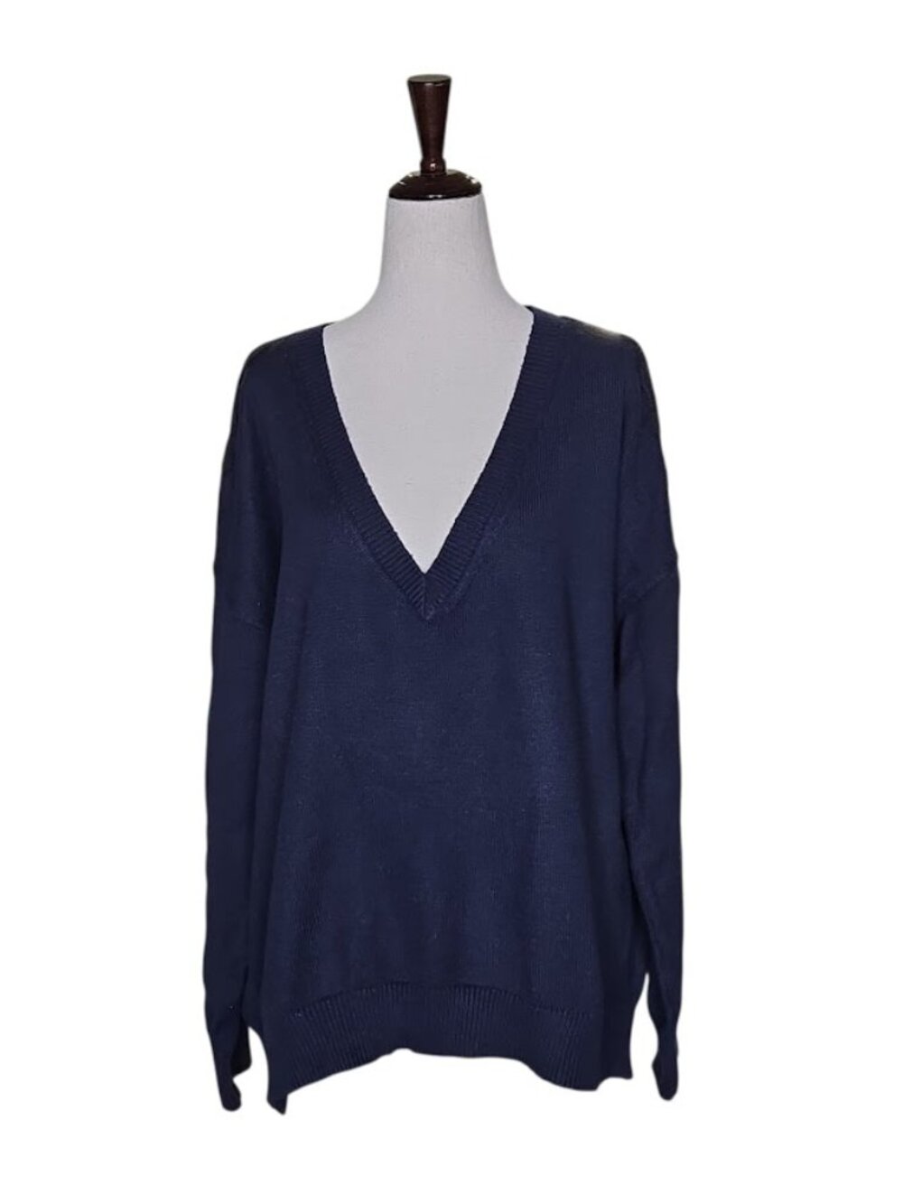 14Th & UNION Women’s Large Navy V-Neck Lace Sleeve Cotton Sweater